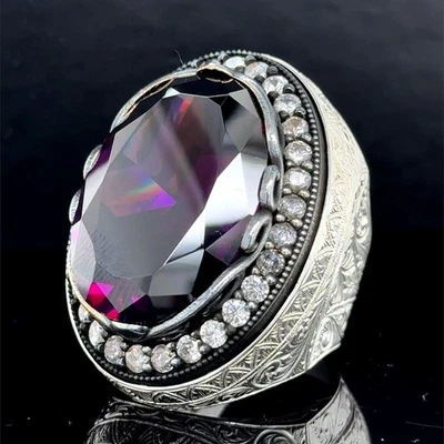 Anillo grande de amatista púrpura profundo de plata de ley 925 para hombre Foto 1 de 4
