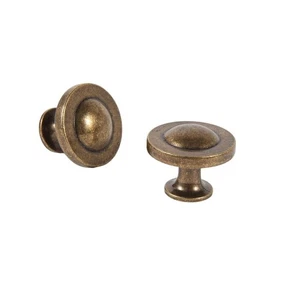 10 Pack Antique Brass Cabinet Knobs, Single Pull, Round Flat Shape, Drawer Pulls - Picture 1 of 6