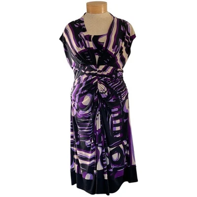 Jones New York 14 Purple Black Tan Dress Gathered Waist Cap Sleeves - Image 1 of 4