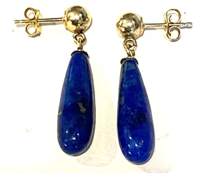 14K Solid YELLOW GOLD Natural LAPIS-Tear Drop/Dangle Stud Earrings-VTG Beauties - Picture 1 of 7