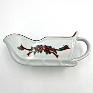 Barco de pascua y cintas trineo salsa porcelana fina borde pintado dorado 8 3/8" L - Imagen 1 de 6