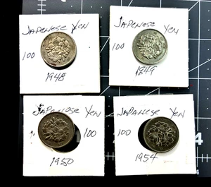 Japanese 100 Yen Coins,  1948,49,50 and 1954 Sakura Blossoms design 4 lot  PP - Picture 1 of 6