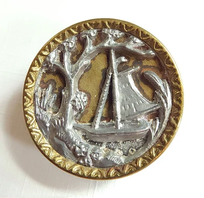 Antique Sailboat Picture Button ~ Pierced Pewter on Brass ~ just under  1" 25mm - Image 1 of 4