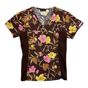 Cherokee Scrub Top Größe S tailliert mit Taschen braun mit Blumen - Bild 1 von 5