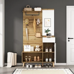 Garderoben-Set mit Spiegel Schuhbank Schuhschrank Schublade und Kleiderständer - Bild 1 von 13