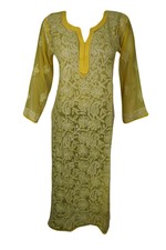 WOMENS TUNIC DRESS YELLOW FLORAL EMBROIDERED COVERUP SHEER ETHNIC LONG DRESS S