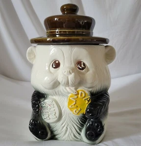 Panda Bear Cookie Jar Ceramic Japan Vintage 1970s Black White Yellow Yum Yum - Picture 1 of 8