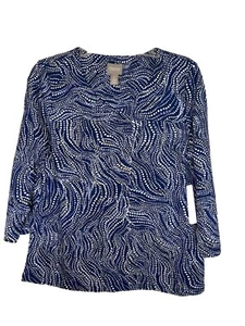 Chico’s NWT Ripple Dots Sz M (8) * 3/4 Sleeve Stretchy Navy White Top 570302808 - Picture 1 of 9
