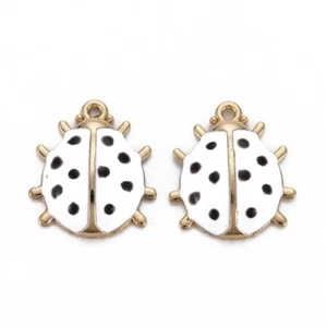 10 Pretty White Ladybird Gold Tone Design Charm Pendants with Enamel Detail - Picture 1 of 2