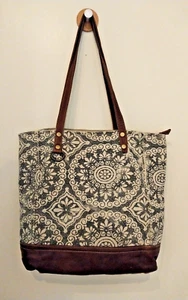 Myra Bag Gray and Beige Mandala 2 Handle Shoulder Bag Tote Brown Leather Trim - Picture 1 of 5