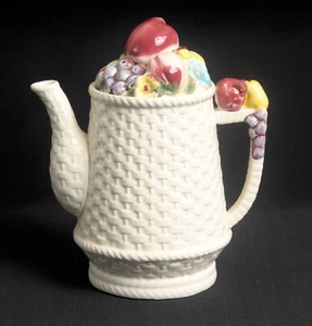 Tilso White Basket Weave Coffee Pot Majolica Fruit Lid 53/390X Japan As Is - Picture 1 of 8