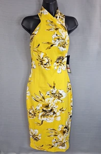 RACHEL ROY Halter Sheath Midi Dress Yellow Floral  Size XS Stretch New w Tags - Picture 1 of 13