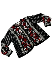 Crystal Kobe Vintage 80s Cardigan Sweater Fair Isle Black Floral Womens Size M - Picture 1 of 8