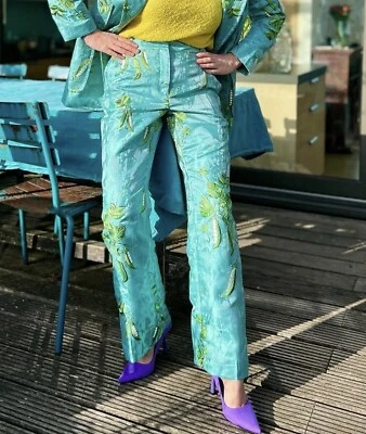 Iris Apfel x H&M HM Jacquard-Weave Embroidered Trousers PANTS Turquoise SIZE 08 - Image 1 of 4