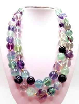 全新 33 英寸 正品 天然萤石 花站 & 14K 金珠 无尽项链 — 第 1/4 张图片