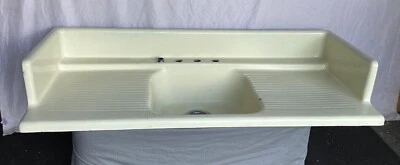 Fregadero antiguo de hierro fundido mantequilla crema amarillo pálido porcelana cocina granja 47-25E Foto 1 de 4