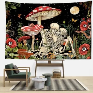 Psychedelic Skull Tapestry Colorful Mushroom Hippie Art Wall Tapestry 59x39 in - Picture 1 of 8