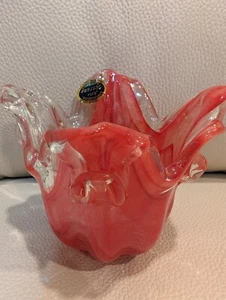 Glass Candle Holder/ Vase Lavorazione Red & Clear Glass Italy - Picture 1 of 8