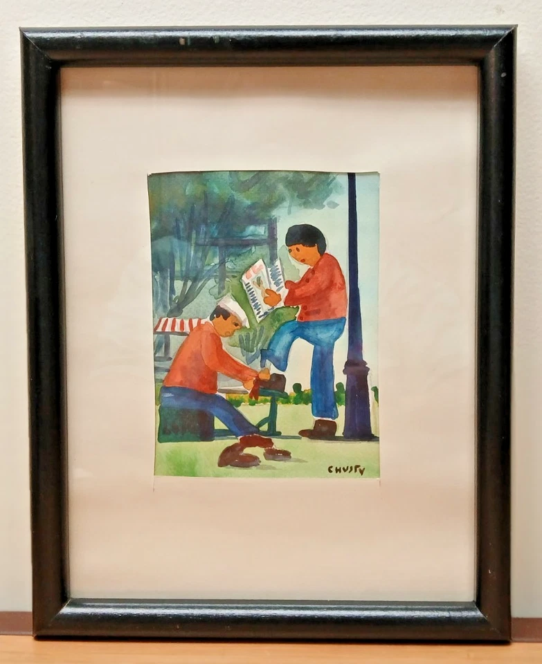 Original Watercolor on Paper, Folk Art, Shoeshine, Signed, 1990s - Image 1 of 4