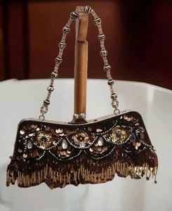Vtg 90s Beaded Fringed Brown & Gold Baguette Purse/Clutch Y2K Evening Party Bag - Picture 1 of 6
