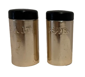 Vintage Nasco Italy MCM Aluminum Salt &Pepper Shakers Set Coppertone Black Lids - Picture 1 of 6