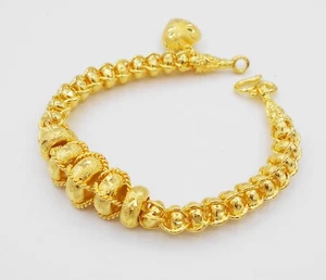 Beaded Thai 23K 24K Thai Baht Yellow Gold GP Charm Heart Bracelet Jewelry 7 inch - Picture 1 of 5