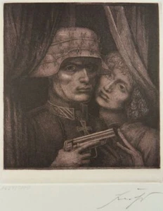 ERNST FUCHS ORIG. RADIERUNG SOLDAT UND MÄDCHEN 1976 Signiert - Bild 1 von 3