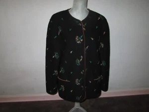 Vtg GEIGER Austria Black Flora Embroidered Wool Button Mid Length Jacket 44 / 14 - Picture 1 of 4