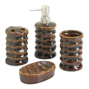 ZUHAUSE BADEZIMMER DEKOR 4-TEILIGES BRAUN STEINIGES BADEZIMMER ZUBEHÖR SET PORZELLAN - Bild 1 von 1