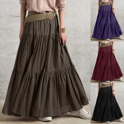 Womens Lady Boho Cotton Pleated Maxi Long Swing Beach Skirt Vintage Casual Dress - Image 1 of 4