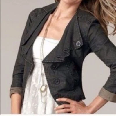 CAbi Moto Jacket Waxed Linen Womens Size M Ruffle Front Black Brown Grey Rustic - Image 1 of 4
