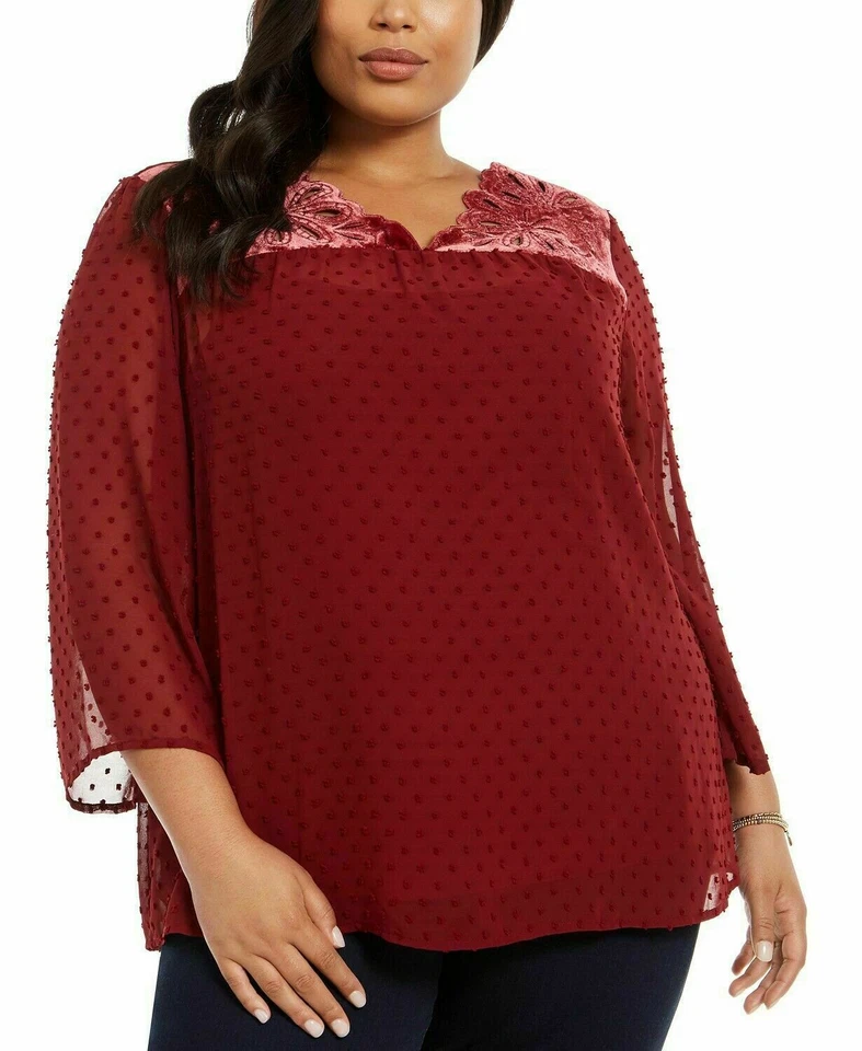 Style & Co. Womens Red Velveteen Eyeles Sheer Blouse Top Plus 3x 8081