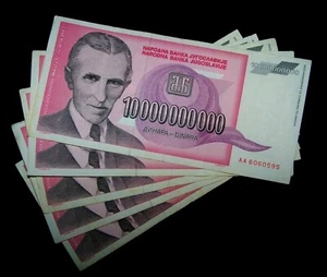 5 pcs x 10 Billion Yugoslavia Dinara Banknotes- Nikola Tesla P-127 currency - Picture 1 of 2