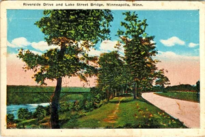 Minneapolis Minnesota ~ Riveride Drive & Lake Street Bridge ~ Vintage Postkarte - Bild 1 von 2