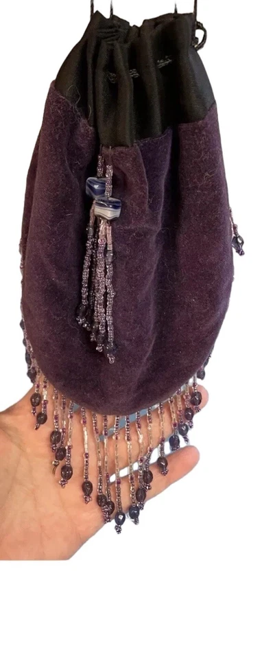 90 年代紫色天鹅绒斜挎包串珠巫术条纹波西米亚嬉皮波西米亚硬币钱包 — 第 1/4 张图片