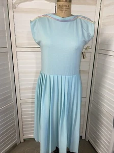 Vintage Neu Mit Etikett 70er/80er Aqua Baumwolle Strickkleid Faltenrock Medium - Bild 1 von 9