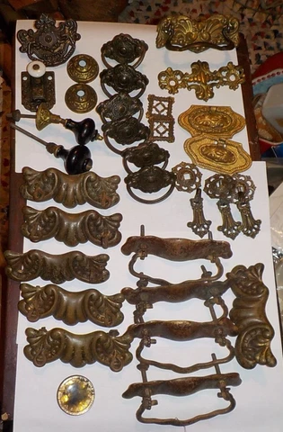 Lot  Vintage Brass Dresser Cabinet Pulls Handles  Knobs Drawer Door Porcelain Cover