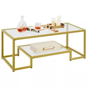 Kaffeetisch Couchtisch Glastisch Beistelltisch mit offenem Ablagefach 2 stufig - Bild 1 von 12