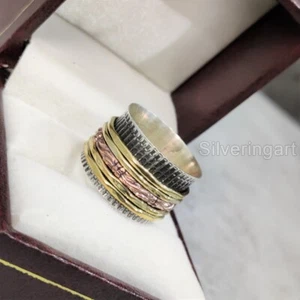 SOLID 925 STERLING SILVER SPINNER BAND ANXIETY MULTI TONE OXIDIZED UNISEX RING - Picture 1 of 5