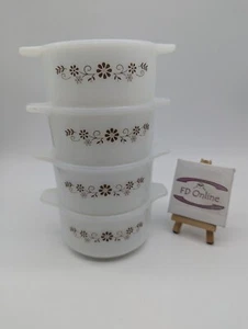4x Set Small Milk Glass Pyr-O-Rey Dynaware Brown Daisy Round Casserole Ovenware - Picture 1 of 16