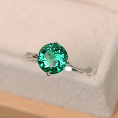 2.00 Ct Round Natural Emerald Solitaire Wedding Ring 14K White Gold Size 6 7 8 - Image 1 of 4