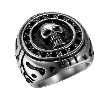 Anillo Banda Calavera Acero Inoxidable Negro y Plata Fundición Punk Rock Vintage Hombres #8-15 Foto 1 de 4