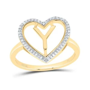 10K Yellow Gold Diamond Women's Block Letter Y Initial Heart Frame Ring 1/10 CT - Picture 1 of 1