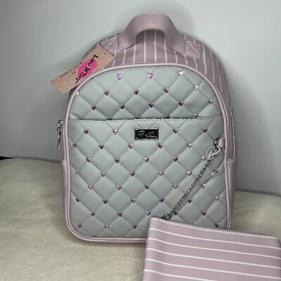 Luv Betsey By Betsey Johnson Charli Backpack - Gray Pink Hearts Stripes NWT - Image 1 of 4