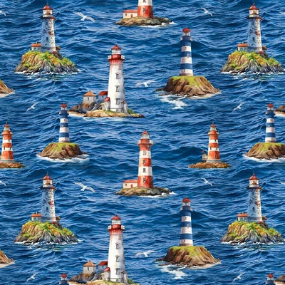 Beacon Of Light, Sea Lighthouse Scenic Fabric BTY  44"  Wide - Image 1 of 3