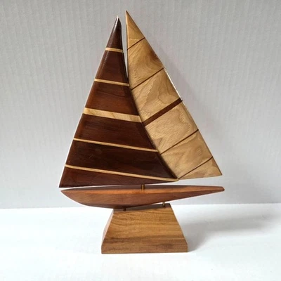 Handmade Striped Wood Sailboat Sculpture Nautical Beach Decor - Image 1 of 4