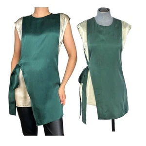 Topshop Blouse Silk Top Wrap Front Tunic Tie Side Green Ivory Unusual Arty UK 6 - Picture 1 of 18