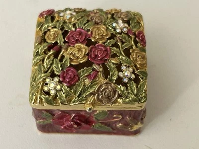Enamel Painted Floral Mini Trinket Ring Box Crystal Flowers Square Hinged Ornate - Image 1 of 4
