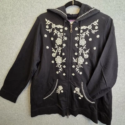 Moletom com capuz feminino estilo Y2K branco floral sobre algodão preto tamanho 18/20 boho folk artesan - Imagem 1 de 4