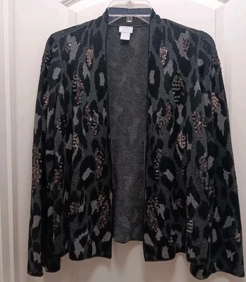 Chico's размер 0 (S) открытый передний блестками кардиган свитер леопард серый расклешенный рукав  - Изображение 1 из 4